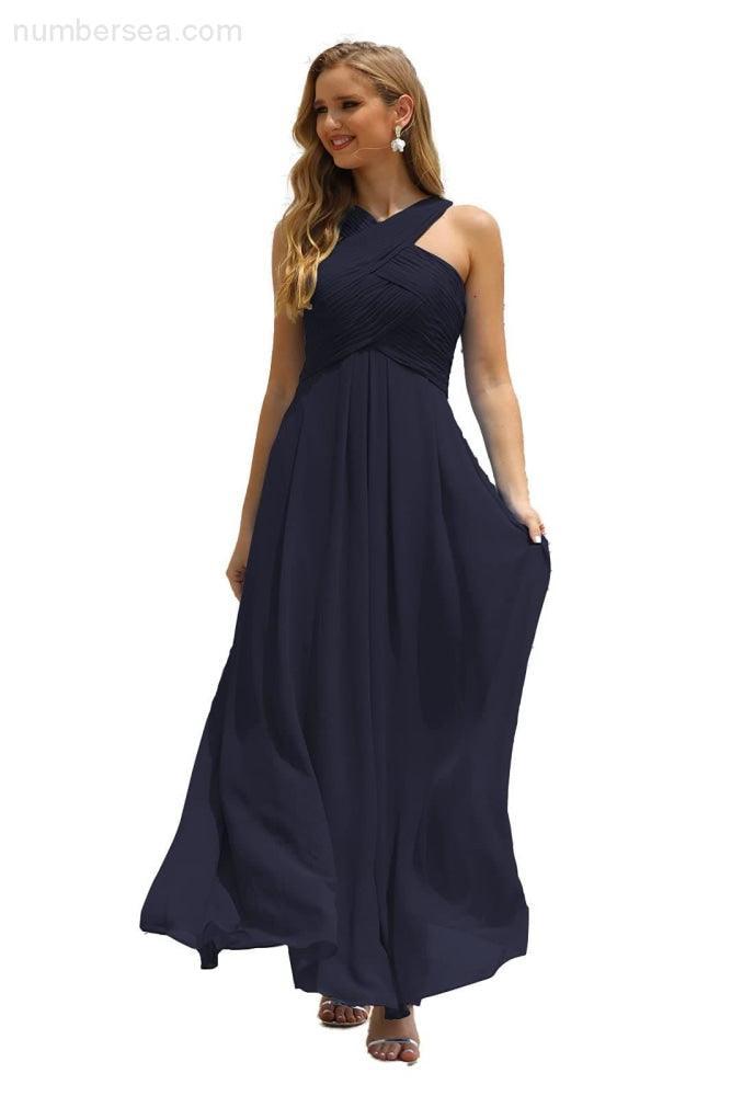 Numbersea Women Halter Chiffon Bridesmaid Dress A-line Long Formal Prom Gown SEA28015-numbersea