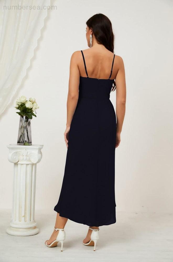 Numbersea Spaghetti Chiffon V Neck Bridesmaid Dress Mid-Length Slit Formal Prom Dress Homecoming Dress 2803-numbersea