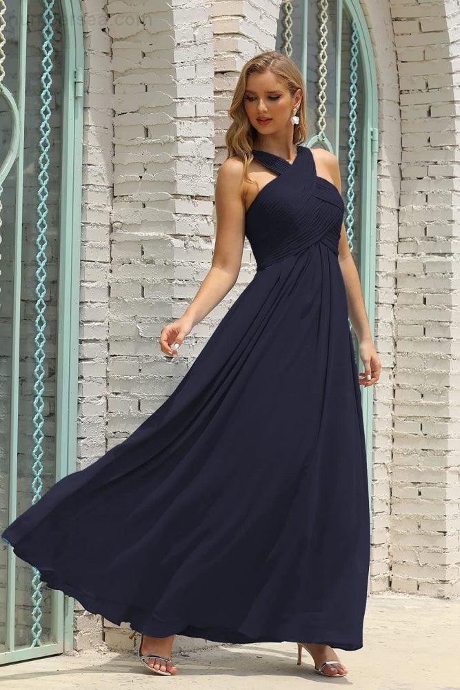 Numbersea Women Halter Chiffon Bridesmaid Dress A-line Long Formal Prom Gown SEA28015-numbersea