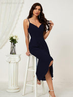 Numbersea Spaghetti Chiffon V Neck Bridesmaid Dress Mid-Length Slit Formal Prom Dress Homecoming Dress 2803-numbersea