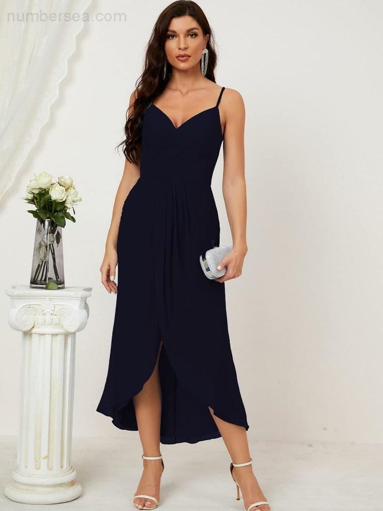Numbersea Spaghetti Chiffon V Neck Bridesmaid Dress Mid-Length Slit Formal Prom Dress Homecoming Dress 2803-numbersea