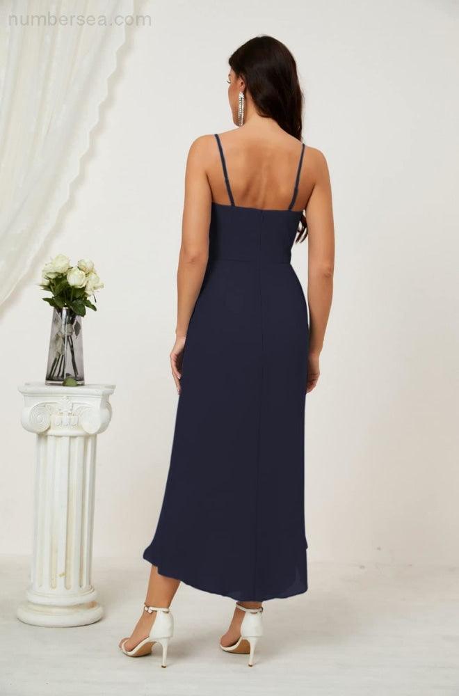 Numbersea Spaghetti Chiffon V Neck Bridesmaid Dress Mid-Length Slit Formal Prom Dress Homecoming Dress 2803-numbersea