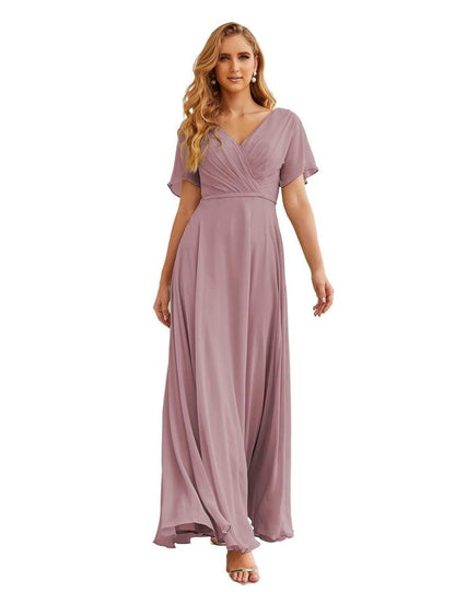 Numbersea Wrap V-Neck Chiffon Bridesmaid Dresses Long Formal Maxi Evening Gown for Wedding Guests SEA28049-numbersea
