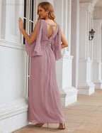 NumberSea - Numbersea Chiffon Bridesmaid Dresses with Split for Women Wedding Long Party Prom Gown Flutter Sleeve SEA28045