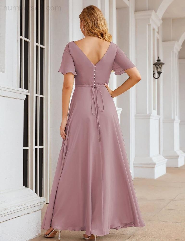 NumberSea - Numbersea Wrap V - Neck Chiffon Bridesmaid Dresses Long Formal Maxi Evening Gown for Wedding Guests SEA28049