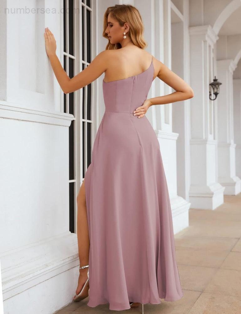 NumberSea - Numbersea One Shoulder Chiffon Bridesmaid Dresses Long Formal Homecoming Prom Gowns for Women Party Wedding Evening SEA28052