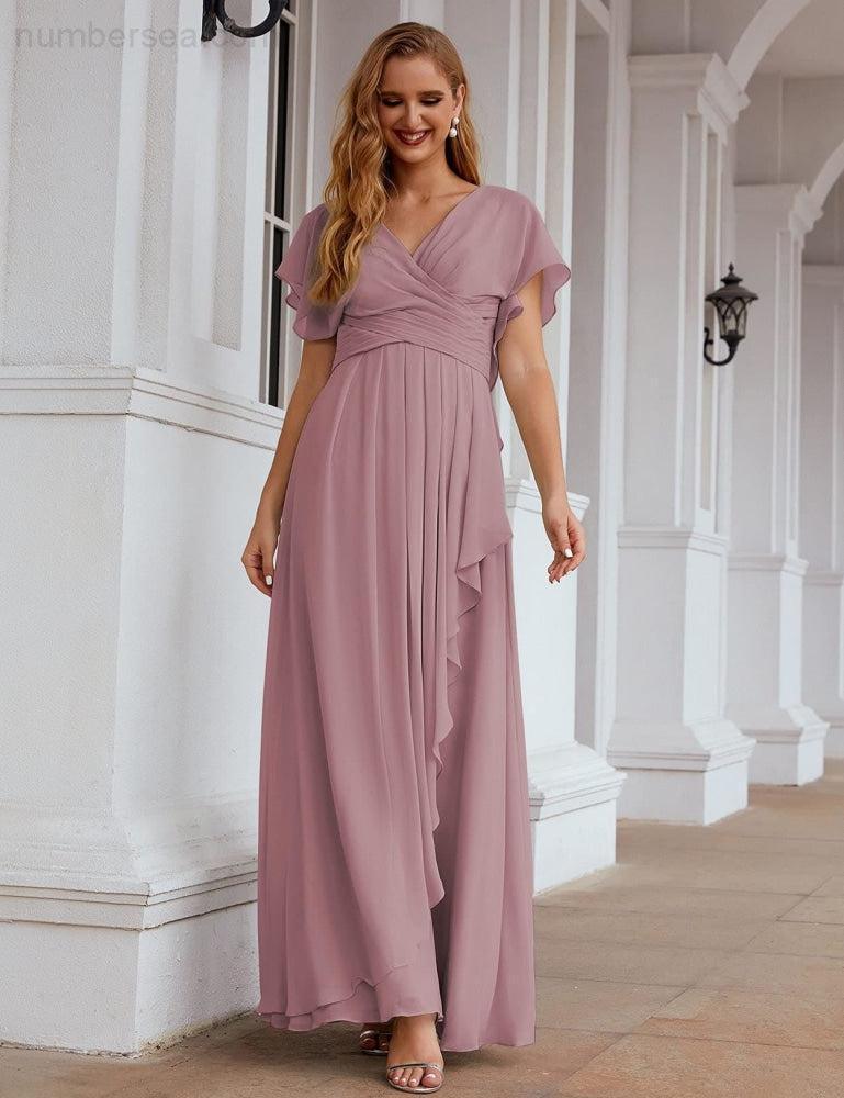 Numbersea Chiffon Bridesmaid Dresses Long Formal Evening Prom Mother of The Bride Dress with Flutter Sleeve  SEA28040-numbersea