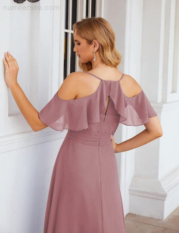NumberSea - Numbersea Chiffon Cold Shoulder Long Bridesmaid Dresses Plus Size Formal Prom Gowns for Women Party Wedding SEA28070