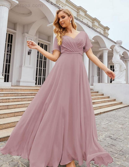Numbersea Wrap V-Neck Chiffon Bridesmaid Dresses Long Formal Maxi Evening Gown for Wedding Guests SEA28049-numbersea