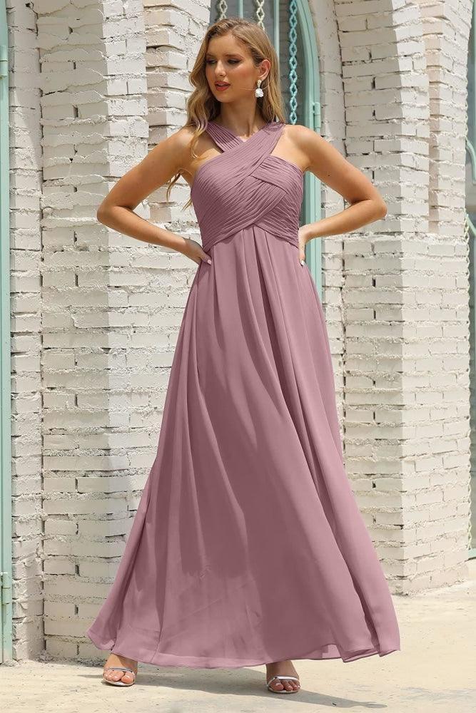 Numbersea Women Halter Chiffon Bridesmaid Dress A-line Long Formal Prom Gown SEA28015-numbersea