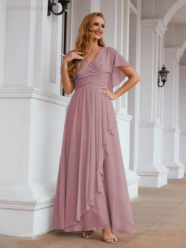 Numbersea Chiffon Bridesmaid Dresses Long Formal Evening Prom Mother of The Bride Dress with Flutter Sleeve  SEA28040-numbersea