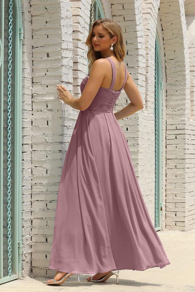 Numbersea Women Halter Chiffon Bridesmaid Dress A-line Long Formal Prom Gown SEA28015-numbersea