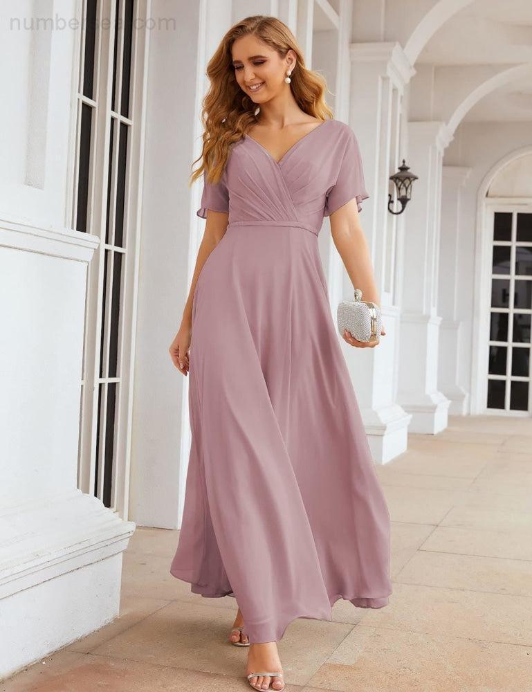 NumberSea - Numbersea Wrap V - Neck Chiffon Bridesmaid Dresses Long Formal Maxi Evening Gown for Wedding Guests SEA28049