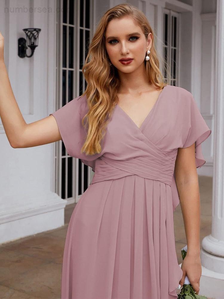Numbersea Chiffon Bridesmaid Dresses Long Formal Evening Prom Mother of The Bride Dress with Flutter Sleeve  SEA28040-numbersea