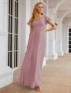 NumberSea - Numbersea Chiffon Bridesmaid Dress Cap Sleeves Maxi Prom Gowns Party Wedding Mother of The Bride Dresses for Women SEA28047