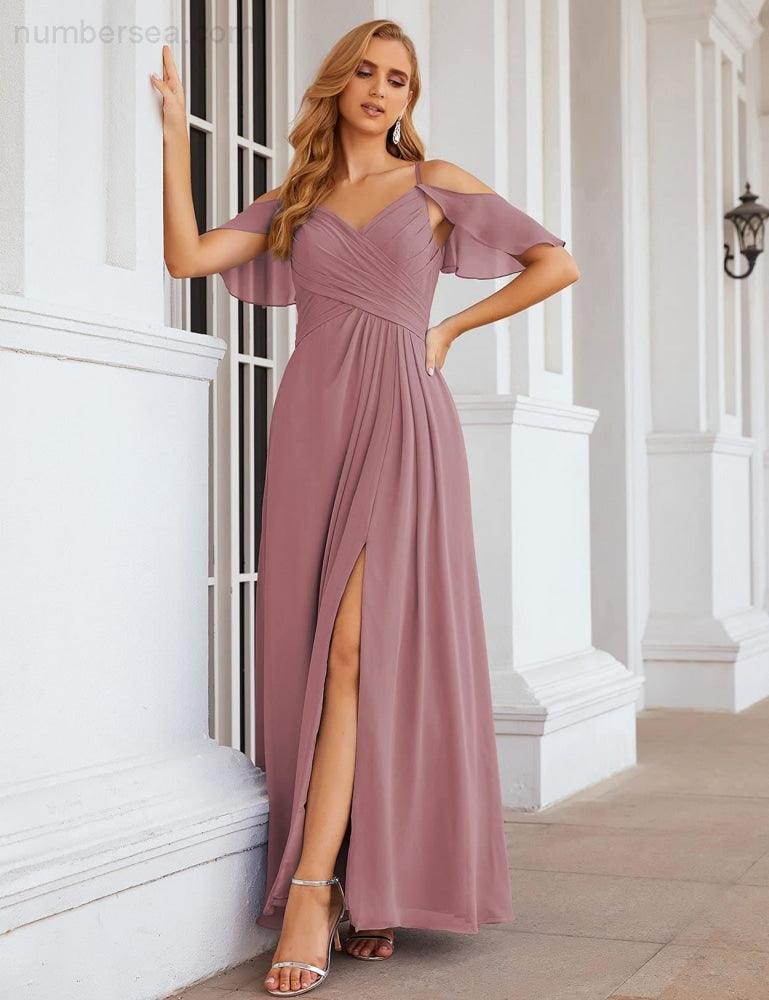 NumberSea - Numbersea Chiffon Cold Shoulder Long Bridesmaid Dresses Plus Size Formal Prom Gowns for Women Party Wedding SEA28070