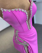 Designer-Ballkleid mit Schlitz vorne, trägerlos, ärmellos, Strass, Tüll, Satin