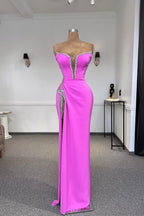 Designer-Ballkleid mit Schlitz vorne, trägerlos, ärmellos, Strass, Tüll, Satin