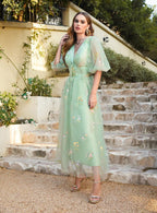 Designer-Ballkleid mit Blumenmuster, V-Ausschnitt, A-Linie, mit Ärmeln, knöchellanges Kleid