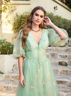 Designer-Ballkleid mit Blumenmuster, V-Ausschnitt, A-Linie, mit Ärmeln, knöchellanges Kleid