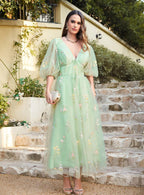 Designer-Ballkleid mit Blumenmuster, V-Ausschnitt, A-Linie, mit Ärmeln, knöchellanges Kleid