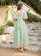 Designer-Ballkleid mit Blumenmuster, V-Ausschnitt, A-Linie, mit Ärmeln, knöchellanges Kleid