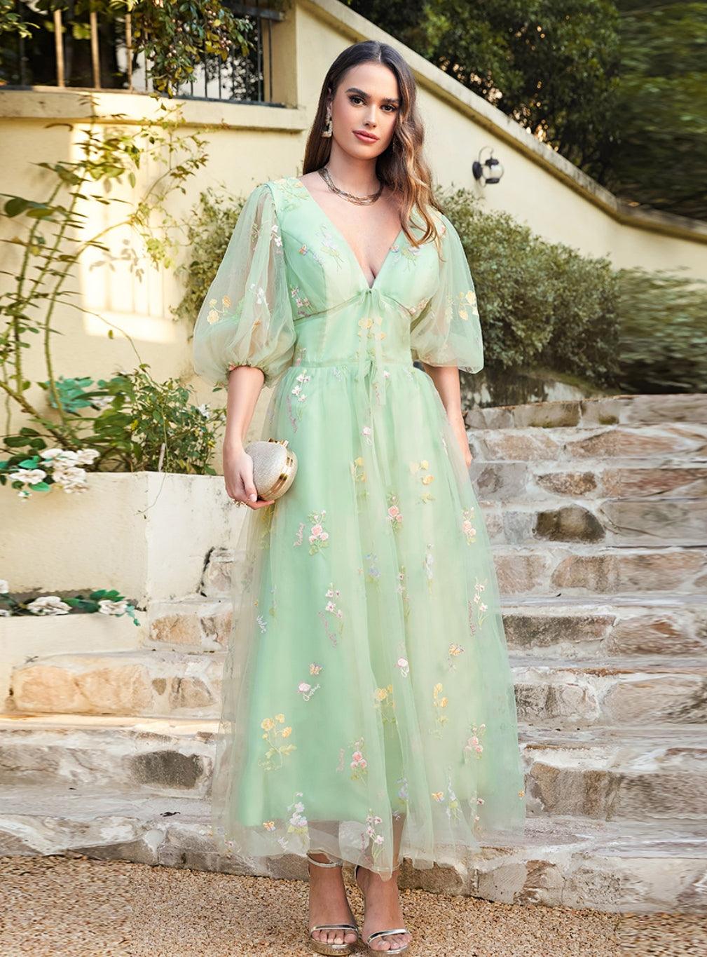 Designer-Ballkleid mit Blumenmuster, V-Ausschnitt, A-Linie, mit Ärmeln, knöchellanges Kleid