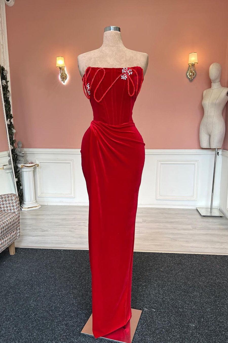 Langes, säulenförmiges, trägerloses rotes Ballkleid aus Samt mit Schmucksteinen