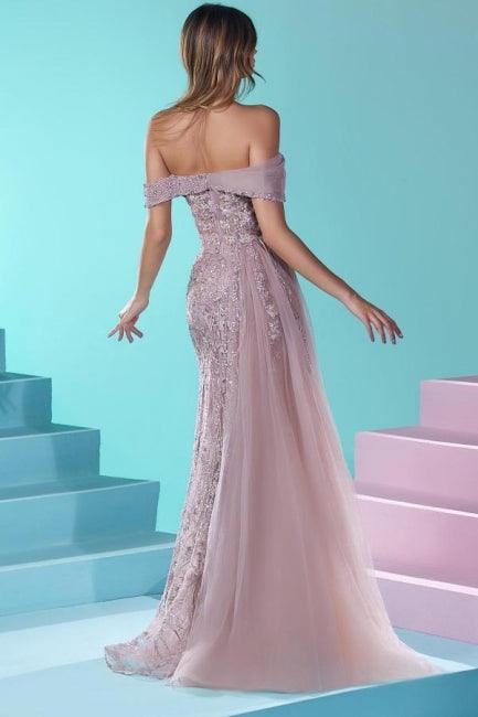 Vestido de fiesta de tul con encaje y cuentas, estilo sirena, hombros descubiertos y diseño de diseñador