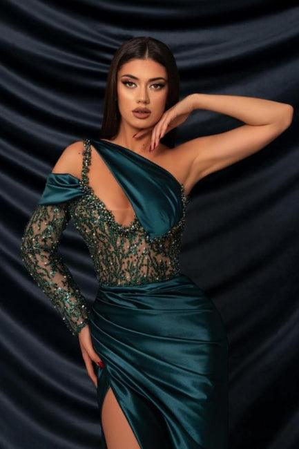 Langes Designer-Meerjungfrauen-Ballkleid mit einer Schulter und langen Ärmeln aus Spitze