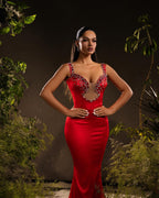 Designer Meerjungfrau Satin Off-The-Shoulder Ärmelloses Rotes Ballkleid mit Strass