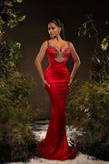 Designer Meerjungfrau Satin Off-The-Shoulder Ärmelloses Rotes Ballkleid mit Strass