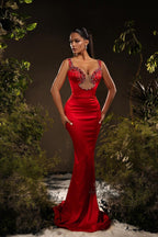 Designer Meerjungfrau Satin Off-The-Shoulder Ärmelloses Rotes Ballkleid mit Strass