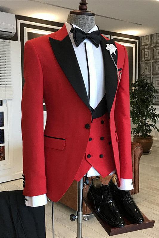 Donahue Trendy Roter Dreiteiliger Ballanzug Mit Schwarzem Steigendem Revers