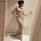 En oferta sin devolución sin reembolsoVenta Dubai Champagne Langarm Sexy Abendkleider Perlen Quaste Elegante Meerjungfrau Formale Kleid Ruhigen Hill LA6559 