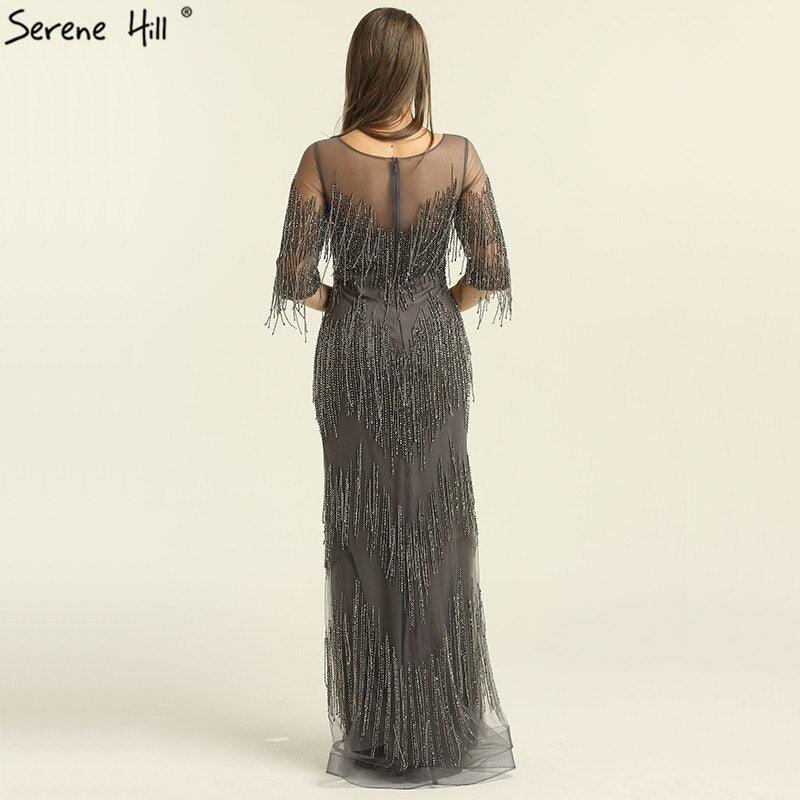 En oferta sin devolución sin reembolsoVenta Dubai Champagne Langarm Sexy Abendkleider Perlen Quaste Elegante Meerjungfrau Formale Kleid Ruhigen Hill LA6559 