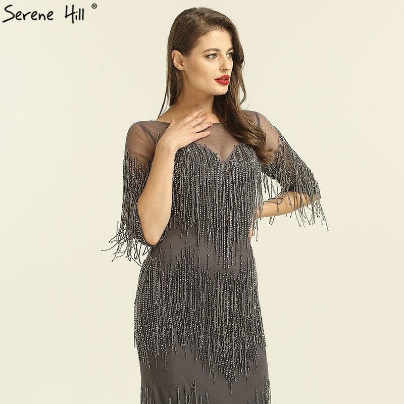 En oferta sin devolución sin reembolsoVenta Dubai Champagne Langarm Sexy Abendkleider Perlen Quaste Elegante Meerjungfrau Formale Kleid Ruhigen Hill LA6559 