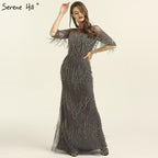 En oferta sin devolución sin reembolsoVenta Dubai Champagne Langarm Sexy Abendkleider Perlen Quaste Elegante Meerjungfrau Formale Kleid Ruhigen Hill LA6559 