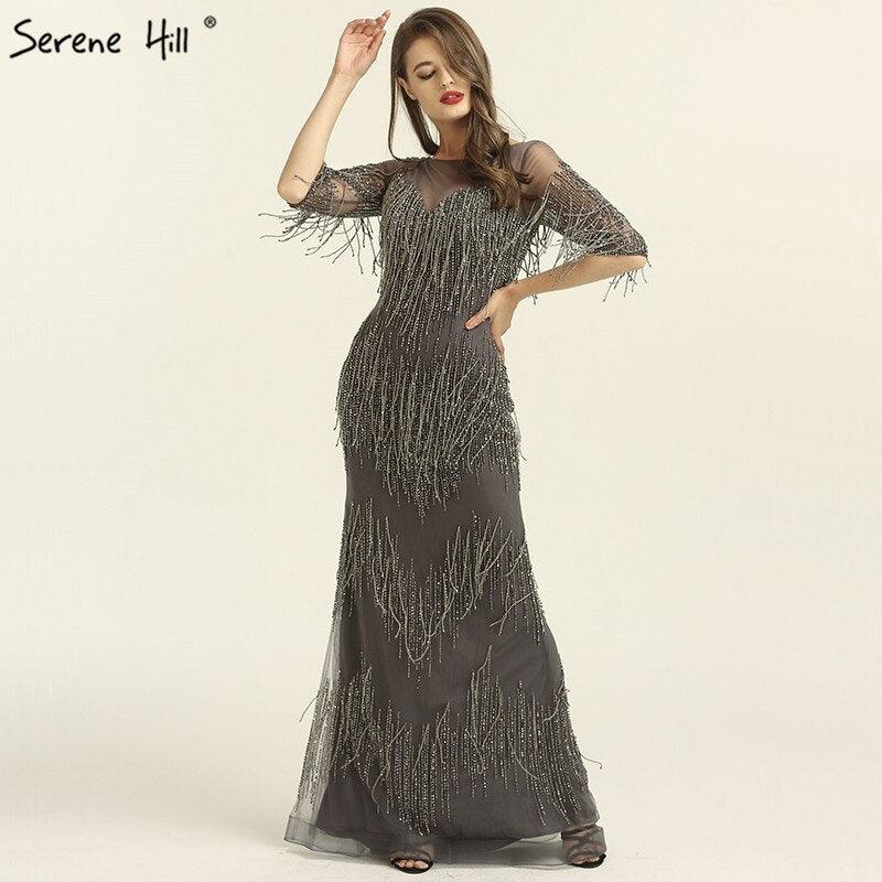 En oferta sin devolución sin reembolsoVenta Dubai Champagne Langarm Sexy Abendkleider Perlen Quaste Elegante Meerjungfrau Formale Kleid Ruhigen Hill LA6559 