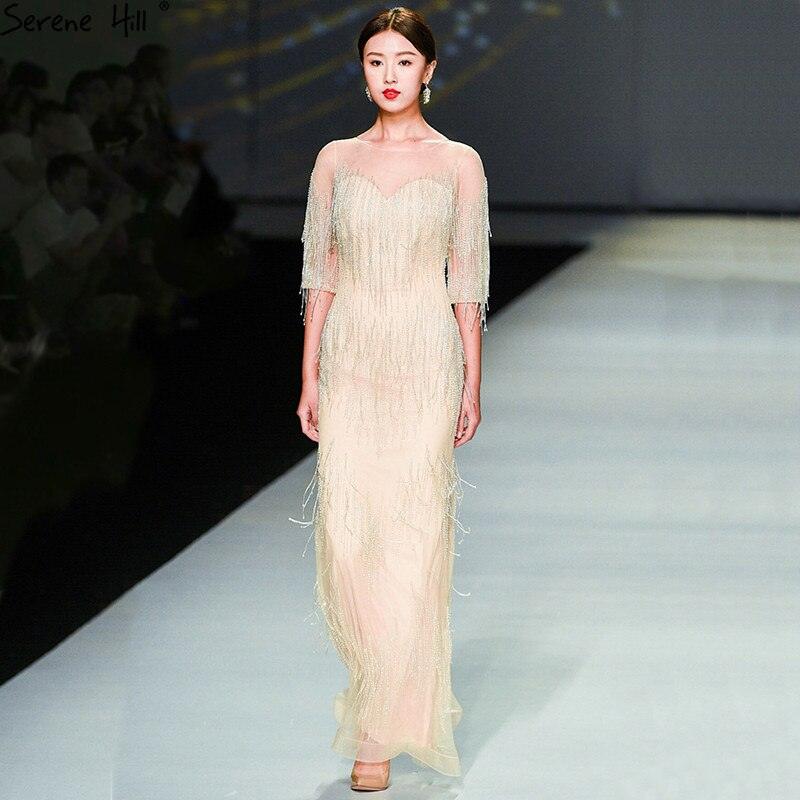 En oferta sin devolución sin reembolsoVenta Dubai Champagne Langarm Sexy Abendkleider Perlen Quaste Elegante Meerjungfrau Formale Kleid Ruhigen Hill LA6559 