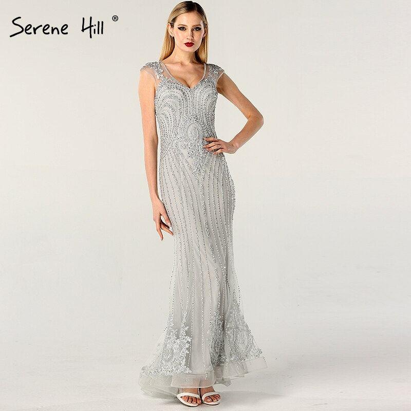 On Sale no return no refundSale Dubai Design Grey V-Neck Luxury Evening Dresses Beading Pearls Cap Sleeve Sexy Evening Gowns 2024 Serene Hill LA60821