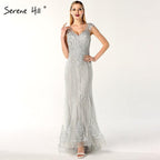On Sale no return no refundSale Dubai Design Grey V-Neck Luxury Evening Dresses Beading Pearls Cap Sleeve Sexy Evening Gowns 2024 Serene Hill LA60821