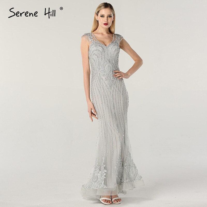 On Sale no return no refundSale Dubai Design Grey V-Neck Luxury Evening Dresses Beading Pearls Cap Sleeve Sexy Evening Gowns 2024 Serene Hill LA60821