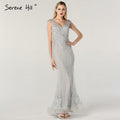 On Sale no return no refundSale Dubai Design Grey V-Neck Luxury Evening Dresses Beading Pearls Cap Sleeve Sexy Evening Gowns 2024 Serene Hill LA60821