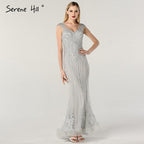 On Sale no return no refundSale Dubai Design Grey V-Neck Luxury Evening Dresses Beading Pearls Cap Sleeve Sexy Evening Gowns 2024 Serene Hill LA60821
