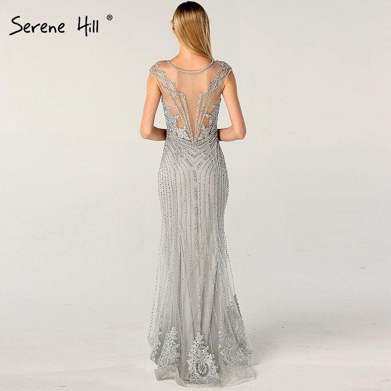 On Sale no return no refundSale Dubai Design Grey V-Neck Luxury Evening Dresses Beading Pearls Cap Sleeve Sexy Evening Gowns 2024 Serene Hill LA60821