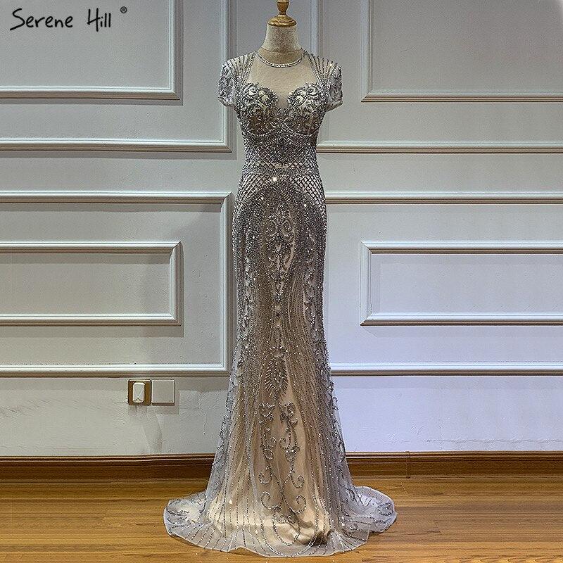 Dubai Grey Full Diamond Sexy Evening Dresses  Cap Sleeve Luxury Mermaid Formal Dress Serene Hill LA60934