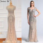 Dubai Grey Full Diamond Sexy Evening Dresses  Cap Sleeve Luxury Mermaid Formal Dress Serene Hill LA60934