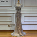 Dubai Grey Full Diamond Sexy Evening Dresses  Cap Sleeve Luxury Mermaid Formal Dress Serene Hill LA60934
