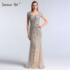 Dubai Grey Full Diamond Sexy Evening Dresses  Cap Sleeve Luxury Mermaid Formal Dress Serene Hill LA60934